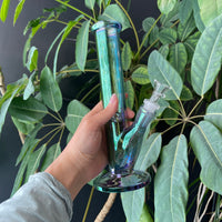 9.75" straight down tube bong with blue green iridescent color bliss shop chicago