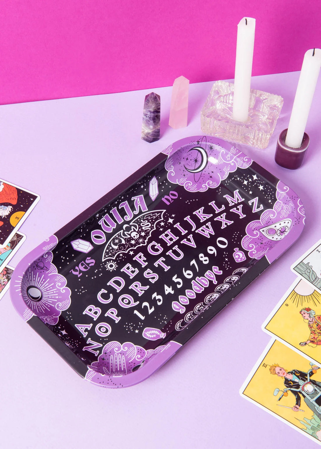 10.5 by 6.25 inch canna style metal rolling tray black and purple ouija board bliss shop chicago