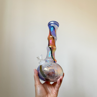 10 inch soft glass bong with iridescent orange-y red, blue and white swirl bliss shop chicago