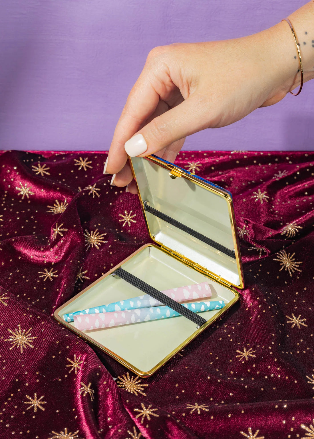 canna style 90s celestial blue joint case with gold sun and moon design bliss shop chicago
