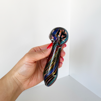 5 inch gold hand pipe with green and red latticino and green and blue dichro glass design throughout bliss shop chicago
