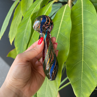 5 inch gold hand pipe with green and red latticino and green and blue dichro glass design throughout bliss shop chicago