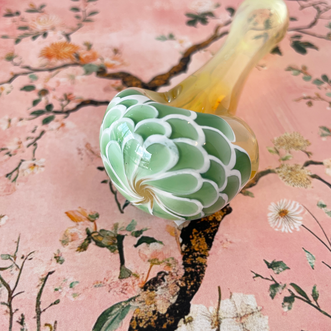 5 inch fumed spoon pipe with green and white dahlia flower petal design on bowl bliss shop chicago