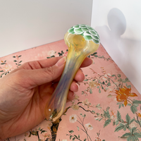 5 inch fumed spoon pipe with green and white dahlia flower petal design on bowl bliss shop chicago