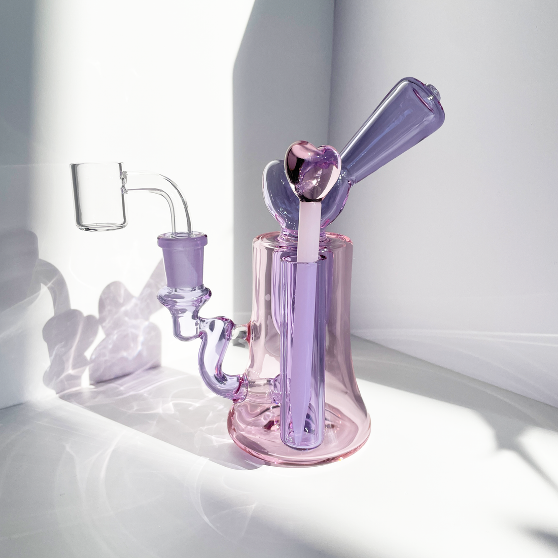 6.25" inch valentine design purple and pink boro glass rig with internal recycler system includes heart dab tool and dab tool insert bliss shop chicago