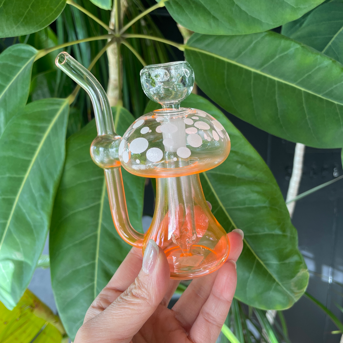 4.75" orange mushroom shaped bubbler with glow in the dark spots on mushroom cap bliss shop chicago