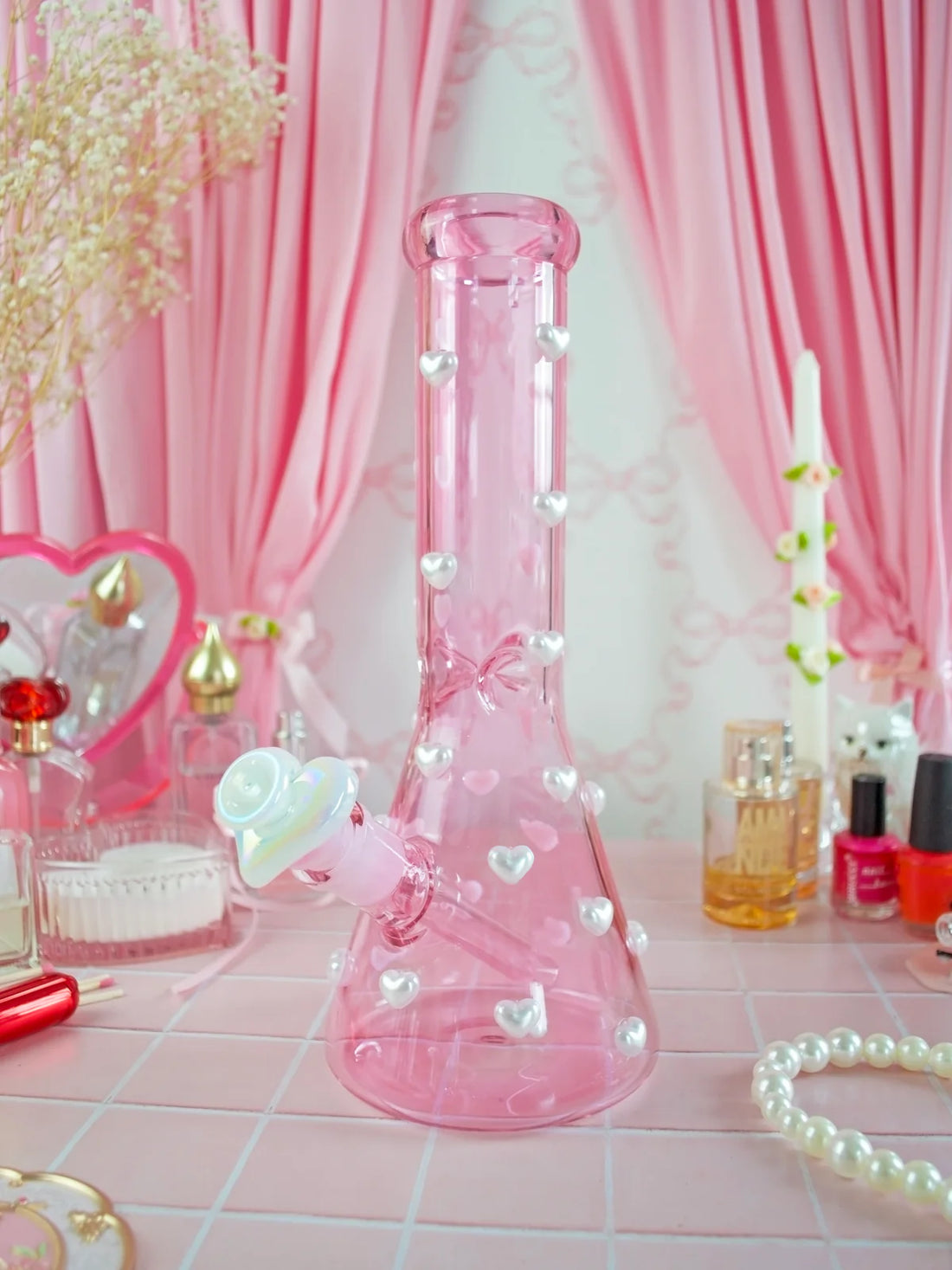 11.5" pink borosilicate beaker bong embellished with 3D pearl hearts bliss shop chicago