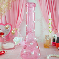 11.5" pink borosilicate beaker bong embellished with 3D pearl hearts bliss shop chicago
