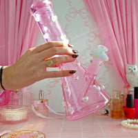 11.5" pink borosilicate beaker bong embellished with 3D pearl hearts bliss shop chicago