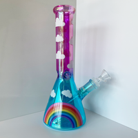 10 inch beaker bong with hot pink and blue ombre color way and rainbow and cloud decals bliss shop chicago