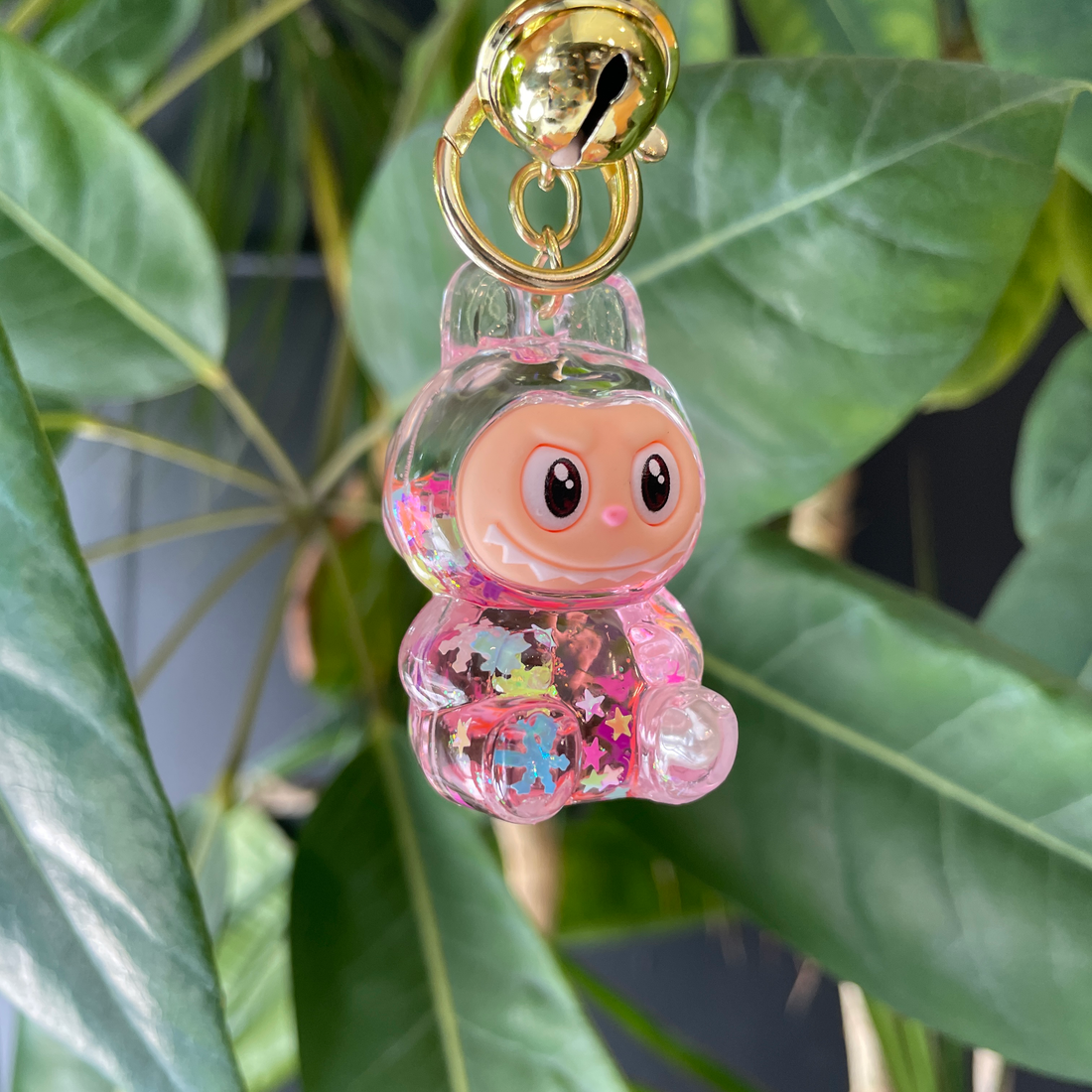 acrylic pink labubu keychain and bag charm with glitter bliss shop chicago