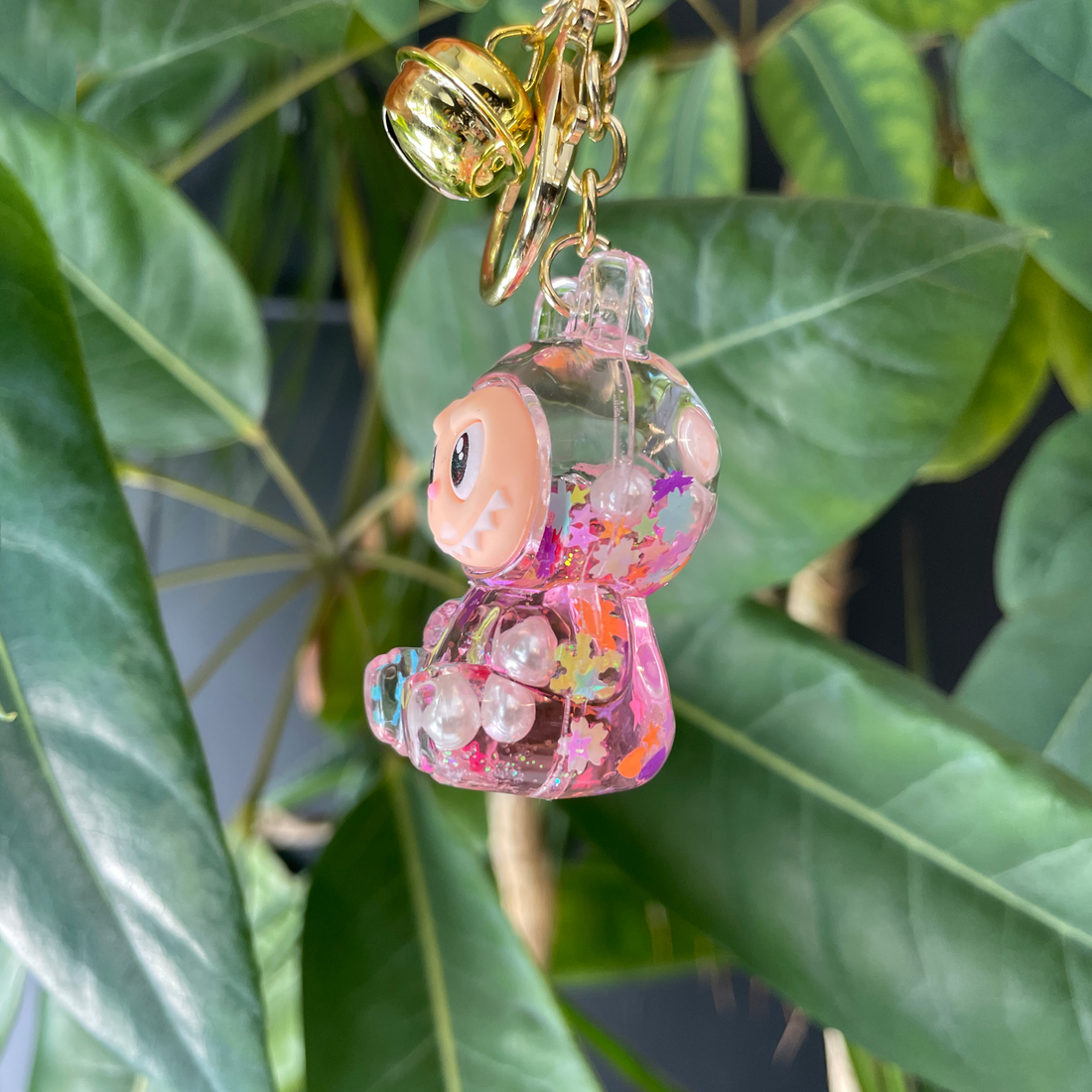 acrylic pink labubu keychain and bag charm with glitter bliss shop chicago