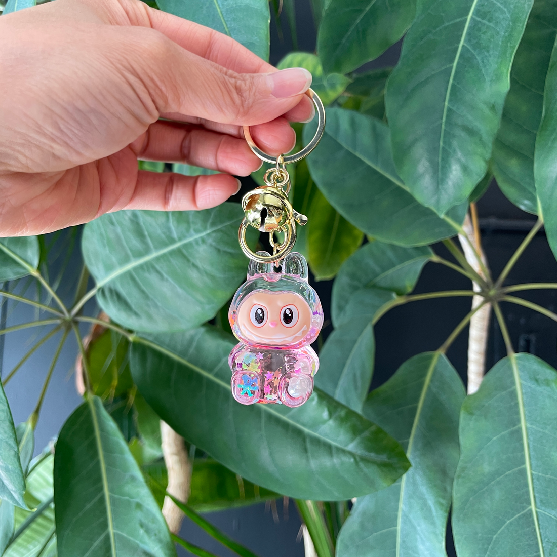 acrylic pink labubu keychain and bag charm with glitter bliss shop chicago