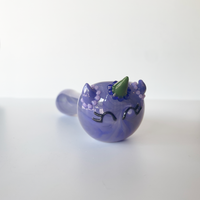 5 inch Kristi Conant purple glass hand spoon pipe with unicorn face and green horn bliss shop chicago