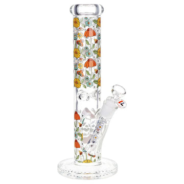 12 inch pulsar straight tube bong with orange yellow teal decals of flowers shooms eyes bliss shop chicago