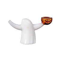 mj arsenal ecto bubbler. mini ghost shaped glass bubbler holding a pumpkin bowl bliss shop chicago