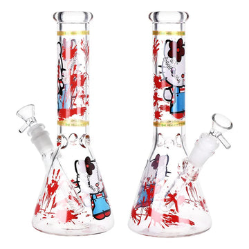 10 inch beaker bong with hello kitty holding a knife and blood splatter design bliss shop chicago