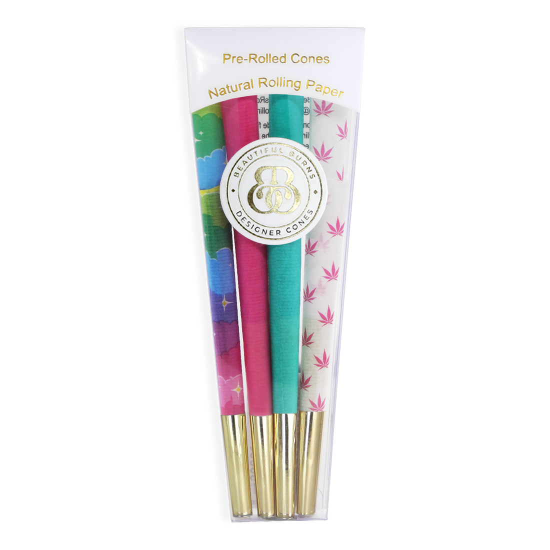 98 mm Beautiful Burns pre roll cones variety pack with pink cones teal cones unicorn design cones and white cones with pink pot leaves bliss shop chicago