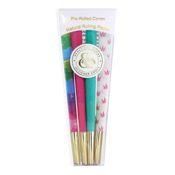 98 mm Beautiful Burns pre roll cones variety pack with pink cones teal cones unicorn design cones and white cones with pink pot leaves bliss shop chicago