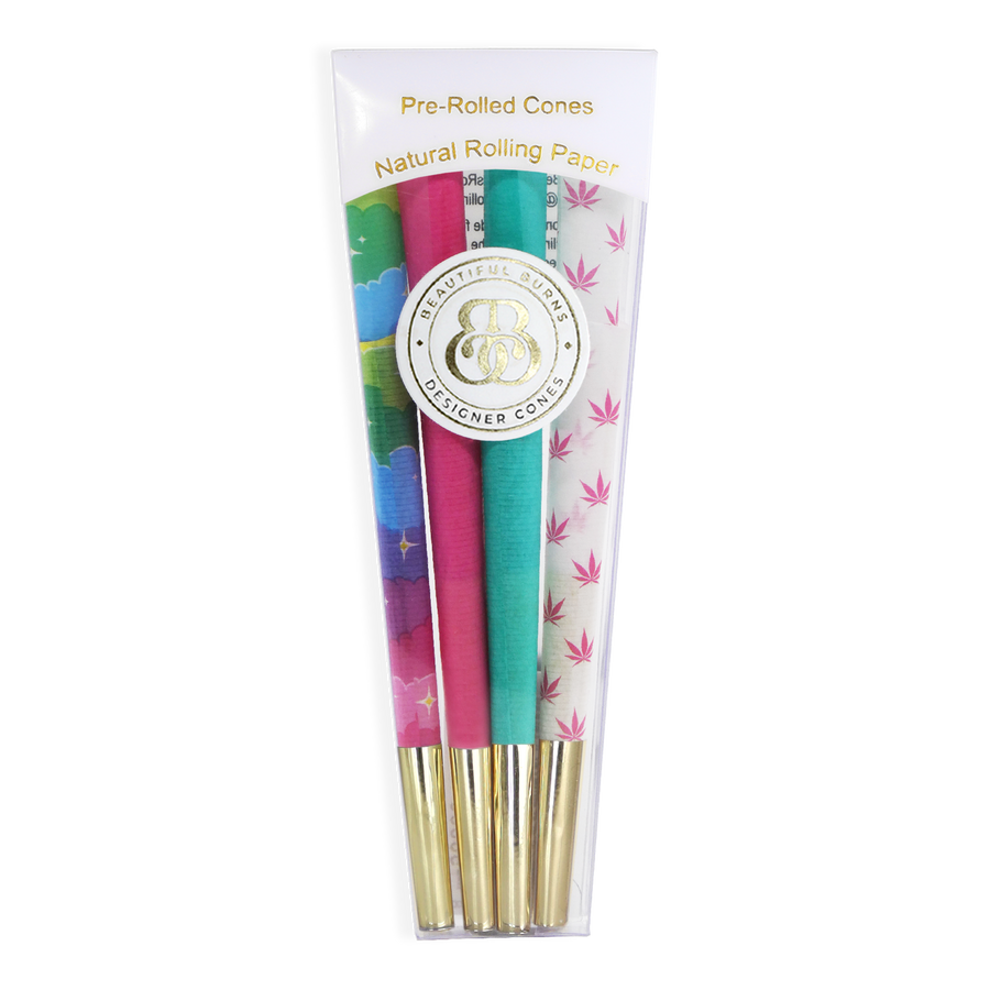 98 mm Beautiful Burns pre roll cones variety pack with pink cones teal cones unicorn design cones and white cones with pink pot leaves bliss shop chicago