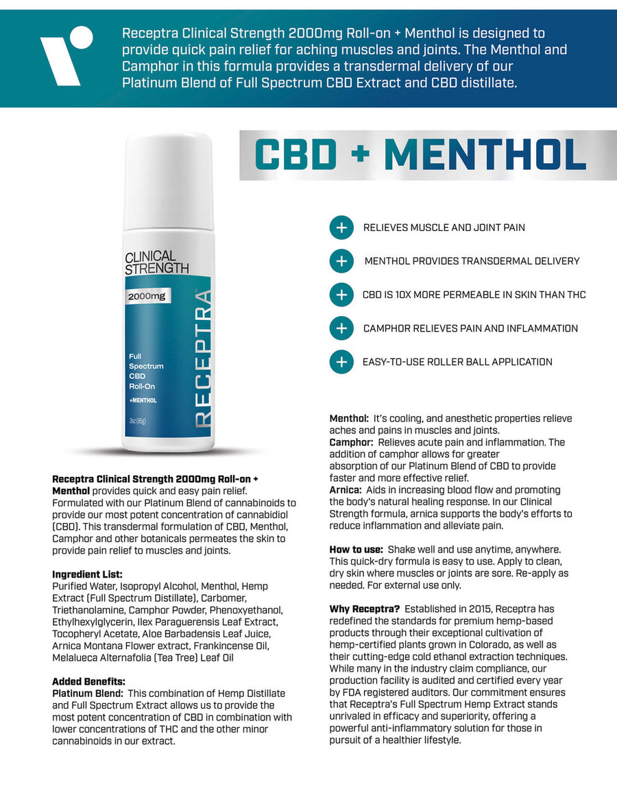 receptra naturals Clinical Strength: Roll-On 2000mg CBD + Menthol topical bliss shop chicago