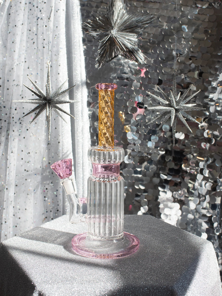 11 inch vintage style bong with gold and pink accent color glass bliss shop chicago