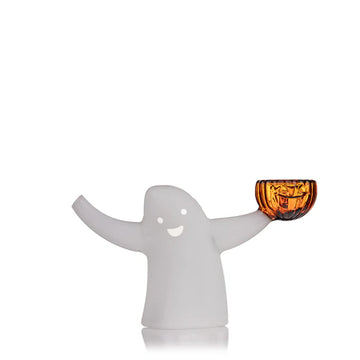 mj arsenal ecto bubbler. mini ghost shaped glass bubbler holding a pumpkin bowl bliss shop chicago