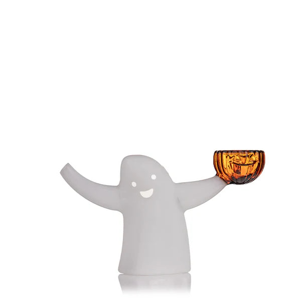 mj arsenal ecto bubbler. mini ghost shaped glass bubbler holding a pumpkin bowl bliss shop chicago