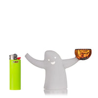 mj arsenal ecto bubbler. mini ghost shaped glass bubbler holding a pumpkin bowl bliss shop chicago