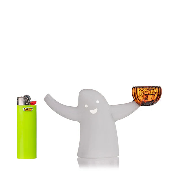 mj arsenal ecto bubbler. mini ghost shaped glass bubbler holding a pumpkin bowl bliss shop chicago