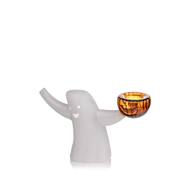 mj arsenal ecto bubbler. mini ghost shaped glass bubbler holding a pumpkin bowl bliss shop chicago