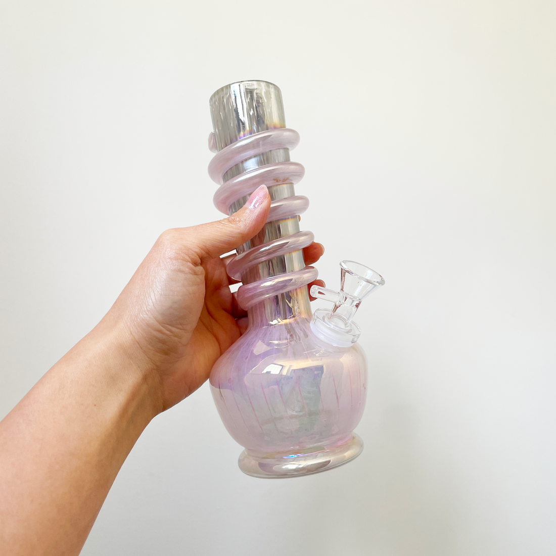 8 inch soft glass bong with pink and lavender iridescent color bliss shop chicago