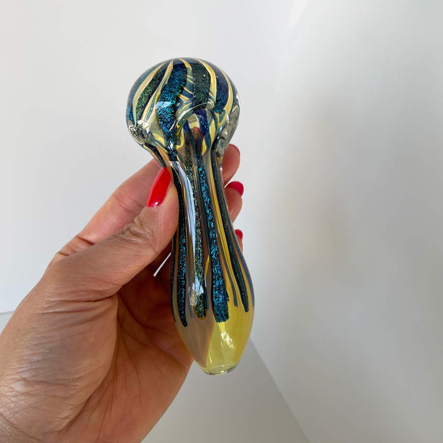 5 inch fumed hand pipe with blue and green dichroic glass stripe design bliss shop chicago