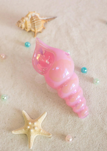 4.25 inch iridescent pink glass seashell hand pipe bliss shop chicago