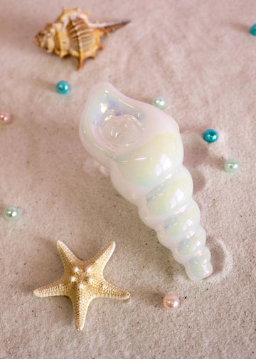 4.25 inch iridescent white glass seashell hand pipe bliss shop chicago