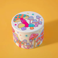canna style 2.5 inch diameter 4 piece pink aluminum grinder with bright and colorful mushroom and star designs bliss shop chicago