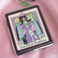 canna style high priestess joint case with a priestess sitting on throne and black cat design bliss shop chicago