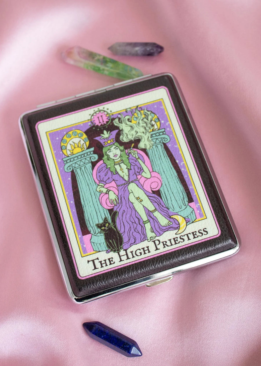 canna style high priestess joint case with a priestess sitting on throne and black cat design bliss shop chicago