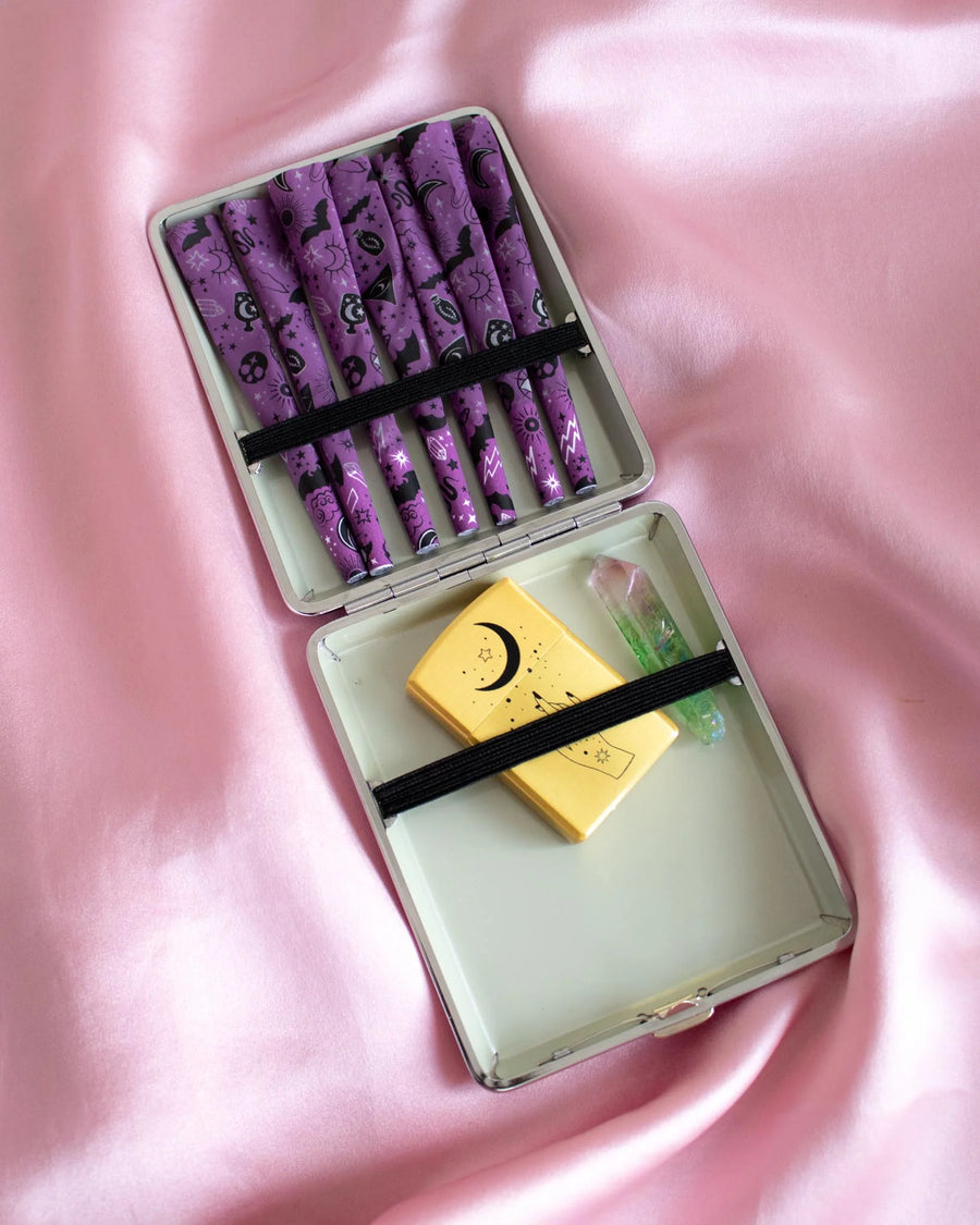 canna style high priestess joint case with a priestess sitting on throne and black cat design bliss shop chicago