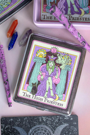 canna style high priestess joint case with a priestess sitting on throne and black cat design bliss shop chicago