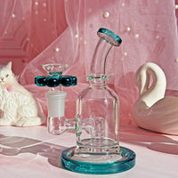 5 inch teal bong or rig with teal flower shaped slide bliss shop chicago