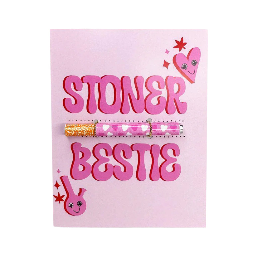 kush kard stoner bestie greeting card in pink with a bong and heart design and includes a metal one hitter with heart designs bliss shop chicago