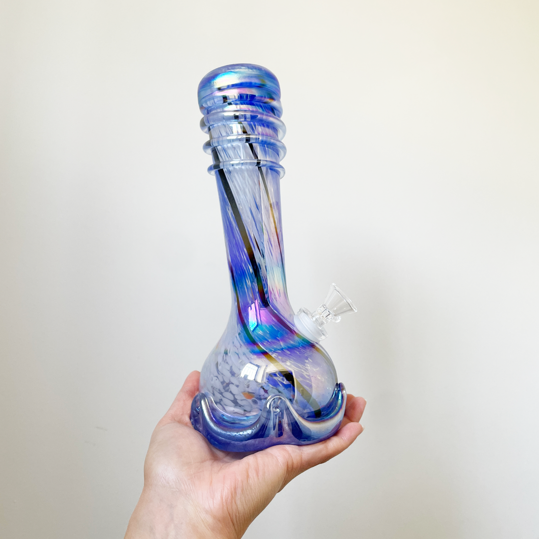 10 by 4 inch iridescent blue and white swirl soft glass bong with heavy base bliss shop chicago