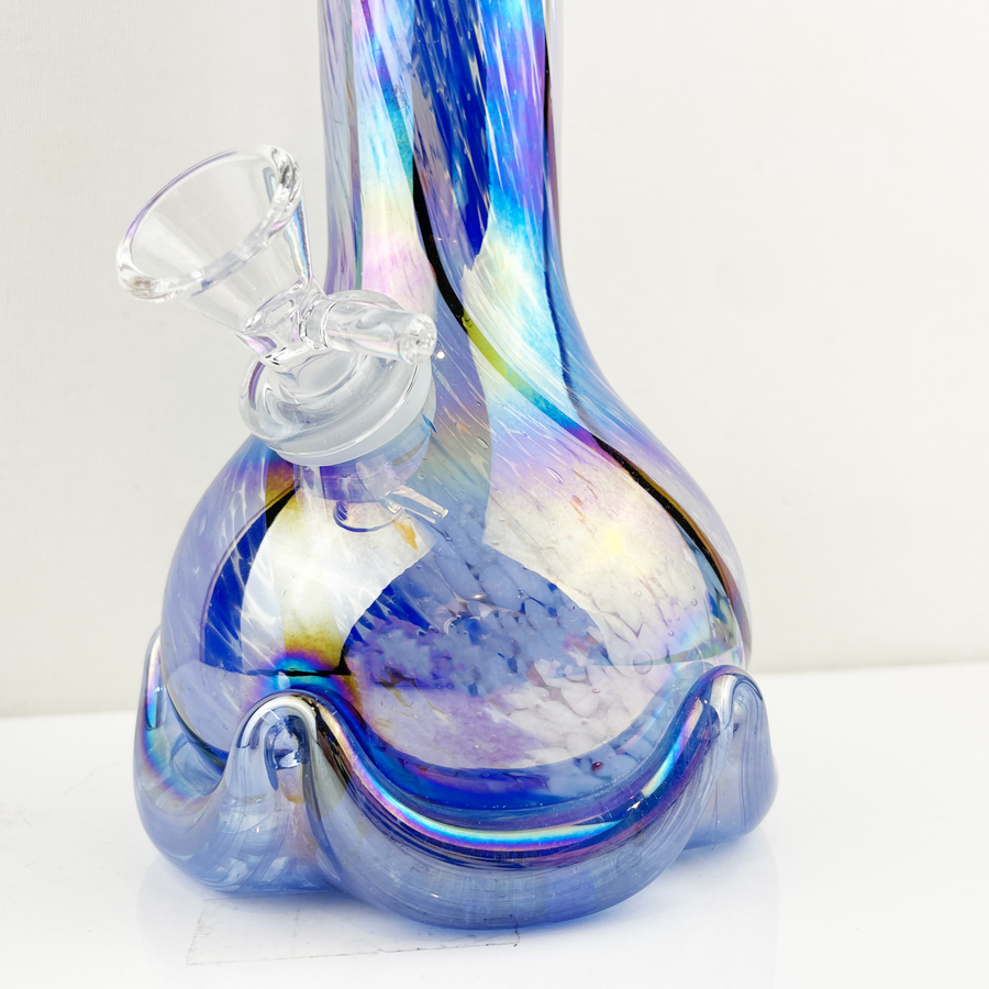 10 by 4 inch iridescent blue and white swirl soft glass bong with heavy base bliss shop chicago