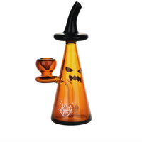 pulsar 6.5" inch orange conical bubbler with jack o lantern face and witch hat mouth piece bliss shop chicago