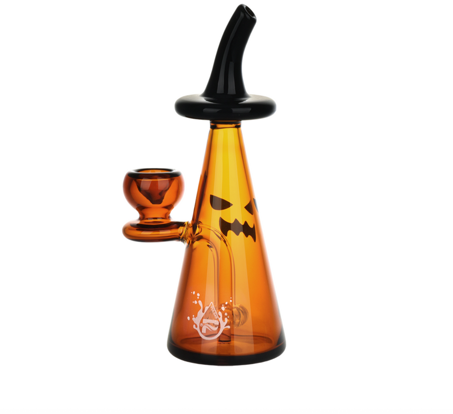pulsar 6.5" inch orange conical bubbler with jack o lantern face and witch hat mouth piece bliss shop chicago
