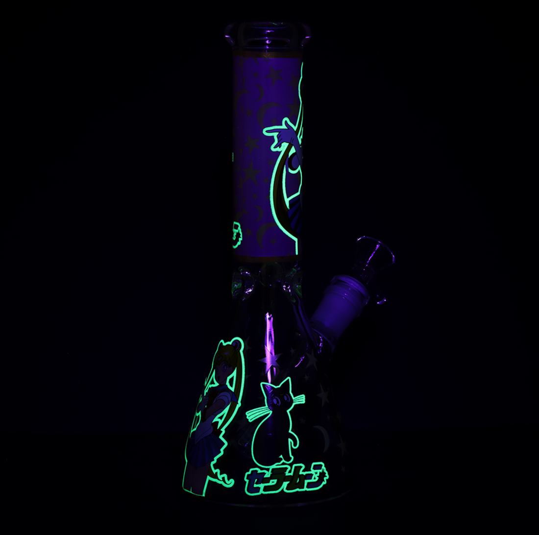 10 inch beaker bong with glow in the dark sailor moon a black cat and stars decals bliss shop chicago