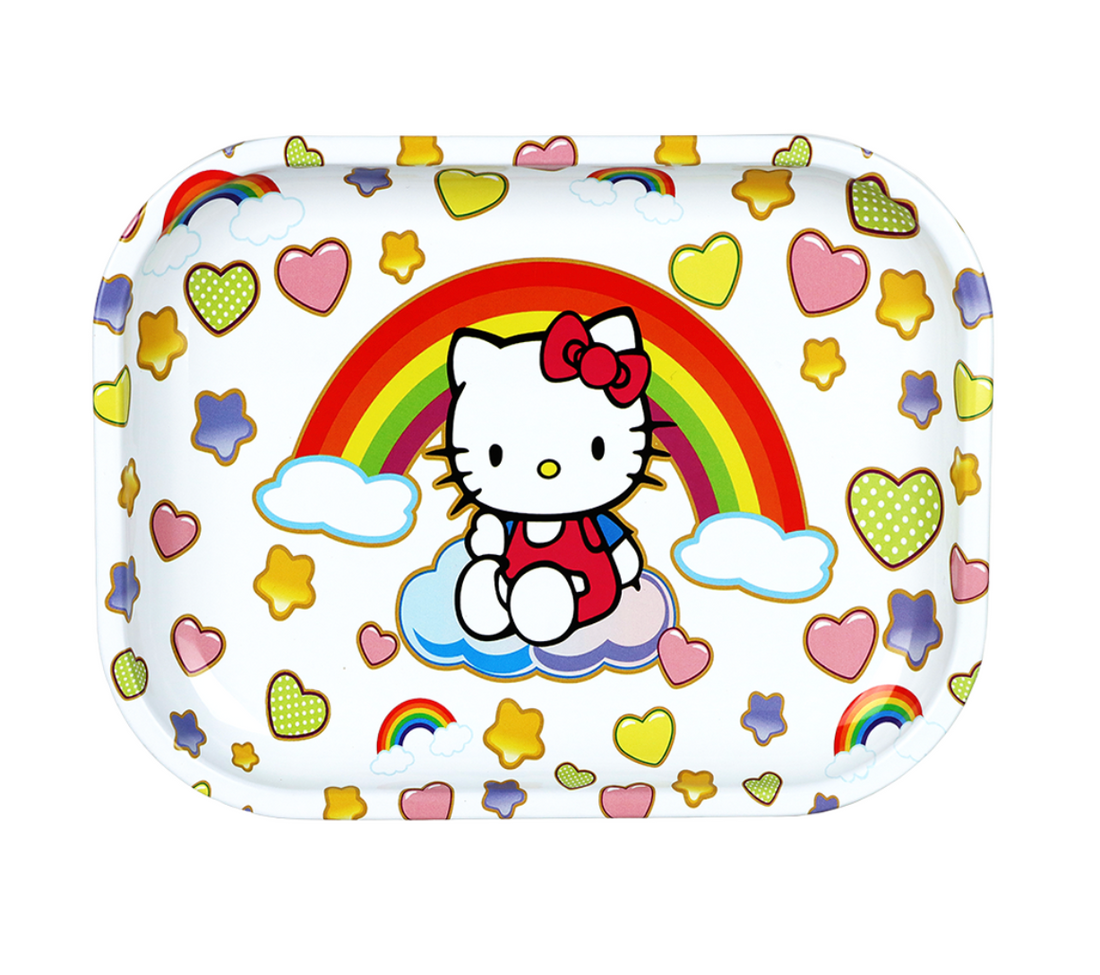small aluminum rolling tray with hello kitty sitting on a cloud with a large rainbow, hearts and stars in the background bliss shop chicago