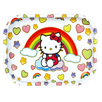 small aluminum rolling tray with hello kitty sitting on a cloud with a large rainbow, hearts and stars in the background bliss shop chicago