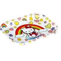small aluminum rolling tray with hello kitty sitting on a cloud with a large rainbow, hearts and stars in the background bliss shop chicago